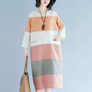 Striped Long-sleeve A-line Midi Dress Stripes - Multicolor - One Size