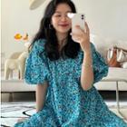 Puff-sleeve V-neck Floral Print Loose-fit Dress Blue - One Size