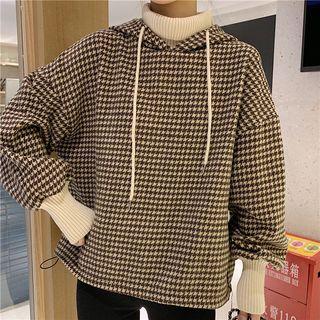 High-neck Houndstooth Hooded Long-sleeve Sweatshirt