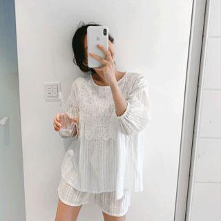 Set: Puff-sleeve Lace-panel Top + Band-waist Shorts Ivory - One Size