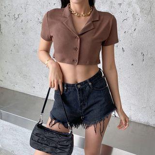 Short-sleeve Notch Lapel Plain Crop Top
