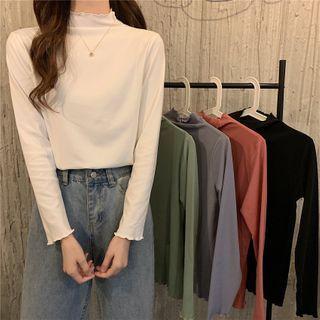 Turtleneck Long-sleeve Ruffle Trim Plain T-shirt