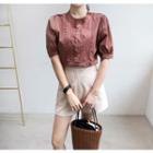 Puff Elbow-sleeve Lace-trim Blouse