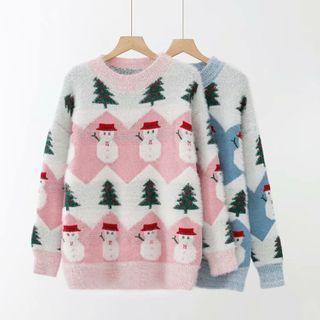 Long Sleeve Christmas Tree & Snowman Print Sweater