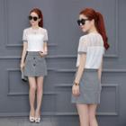 Set: Short-sleeve Lace Top + Check A-line Skirt