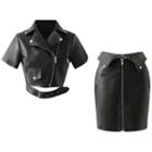 Faux Leather Short-sleeve Cropped Biker Jacket / Mini Pencil Skirt / Set