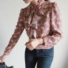 Mandarin-collar Ruffled Floral Blouse