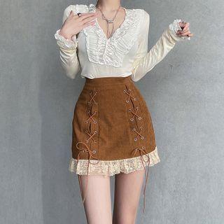 Lace-up Lace Trim Mini Pencil Skirt