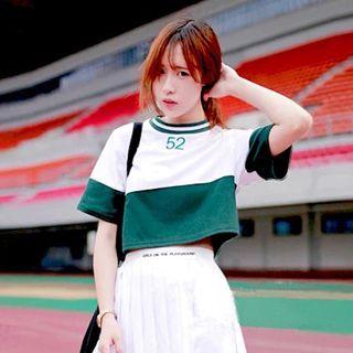 Number Embroidered Color Panel Cropped T-shirt