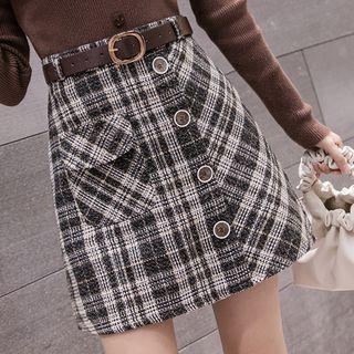 Set: Mini Plaid A-line Skirt + Belt