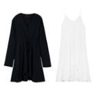 Set: Irregular Hem Long-sleeve Midi Dress + Slipdress