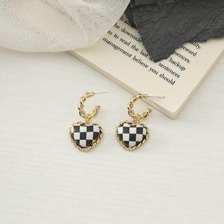 Heart Checker Alloy Dangle Earring 1 Pair - S925 Silver - Check - Black & White - One Size