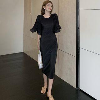 Flared-cuff Plain Knit Pencil Dress