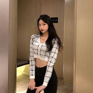 Plaid Cropped Knit Top As Shown In Figure - One Size