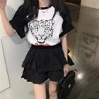 Layered Mini A-line Skirt / Raglan-sleeve Print T-shirt