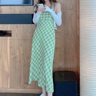 Spaghetti Strap Plaid Midi Dress / Cardigan