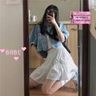 Cropped Denim Jacket + Lace Camisole Top + Elastic-waist Pleated Skirt