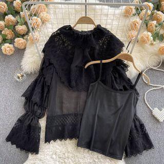 Set Of 2 : Stand-collar Ruffle Lace Top + Plain Camisole Top