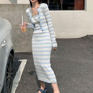 Spaghetti Strap Striped Ribbed Kit Dress / Cardigan
