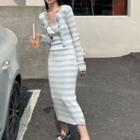 Spaghetti Strap Striped Ribbed Kit Dress / Cardigan