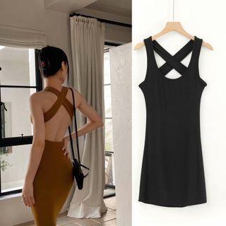 Sleeveless Open Back Plain Mini Dress