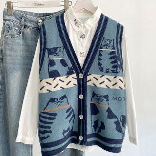 Cat Pattern Button-up Sweater Vest