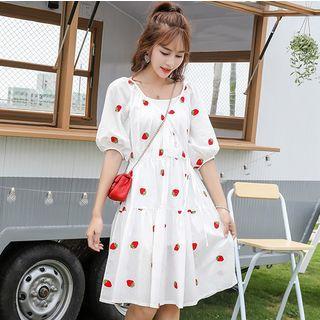 Set: Strawberry Embroidered Puff-sleeve A-line Dress + Slipdress