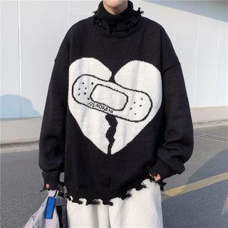 Turtleneck Distressed Heart Print Sweater