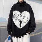Turtleneck Distressed Heart Print Sweater