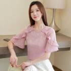 Mesh Panel Ruffled Short-sleeve Chiffon Blouse