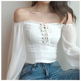 Off-shoulder Lace-up Chiffon Top