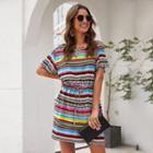 Patterned Short-sleeve Cutout Mini A-line Dress