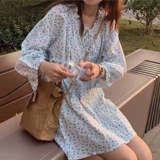 Long-sleeve Floral Print Mini Dress Floral - White - One Size