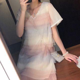 Short-sleeve Mesh A-line Mini Tiered Dress