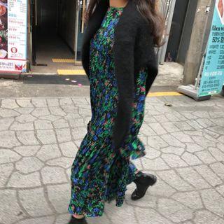 Long-sleeve Floral Midi Dress Green - One Size