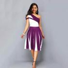 Off-shoulder Color-block Midi A-line Dress