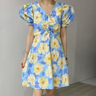 Puff-sleeve V-neck Drawstring Printed Dress