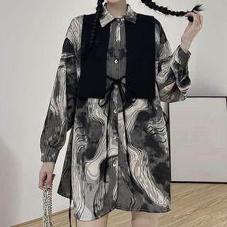 Set: Print Shirt + Vest Set - Gray - One Size
