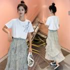 Set: Short-sleeve Printed T-shirt + Patterned A-line Midi Tiered Skirt Set - T-shirt - White - One Size / Midi Skirt - Black & White - One Size