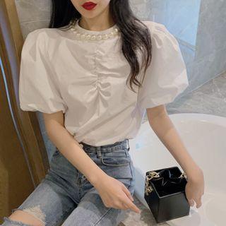 Puff-sleeve Faux Pearl Top White - One Size