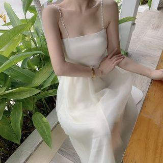 Spaghetti Strap Patterned Midi A-line Party Dress Off-white - One Size