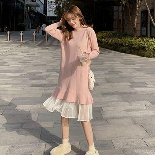 Mock-turtleneck Chiffon Hem Midi Sweater Dress