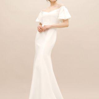 Puff-sleeve Off-shoulder Maxi Sheath Dress