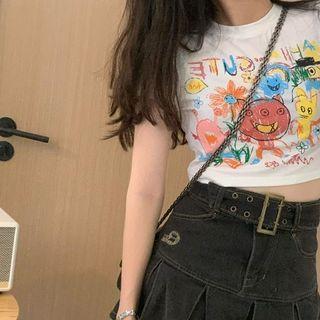 Short-sleeve Cartoon Print T-shirt / Pleated Denim Mini A-line Skirt