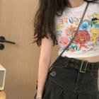 Short-sleeve Cartoon Print T-shirt / Pleated Denim Mini A-line Skirt