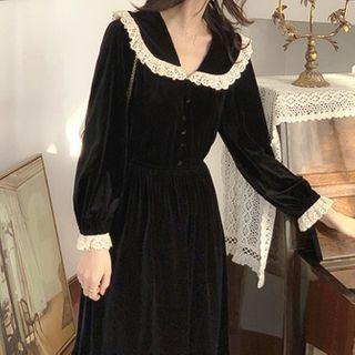 Long-sleeve Lace Trim Sailor-collar Velvet Midi Dress