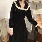 Long-sleeve Lace Trim Sailor-collar Velvet Midi Dress