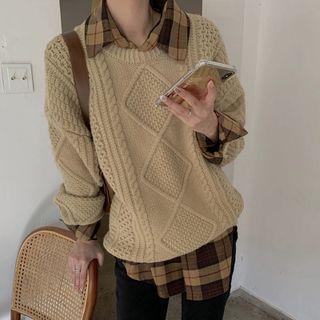 Plaid Shirt / Cable Knit Sweater / Straight Leg Pants