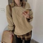 Plaid Shirt / Cable Knit Sweater / Straight Leg Pants