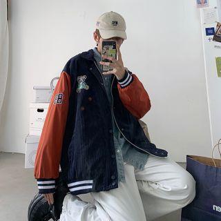 Bear Embroidered Two-tone Corduroy Jacket